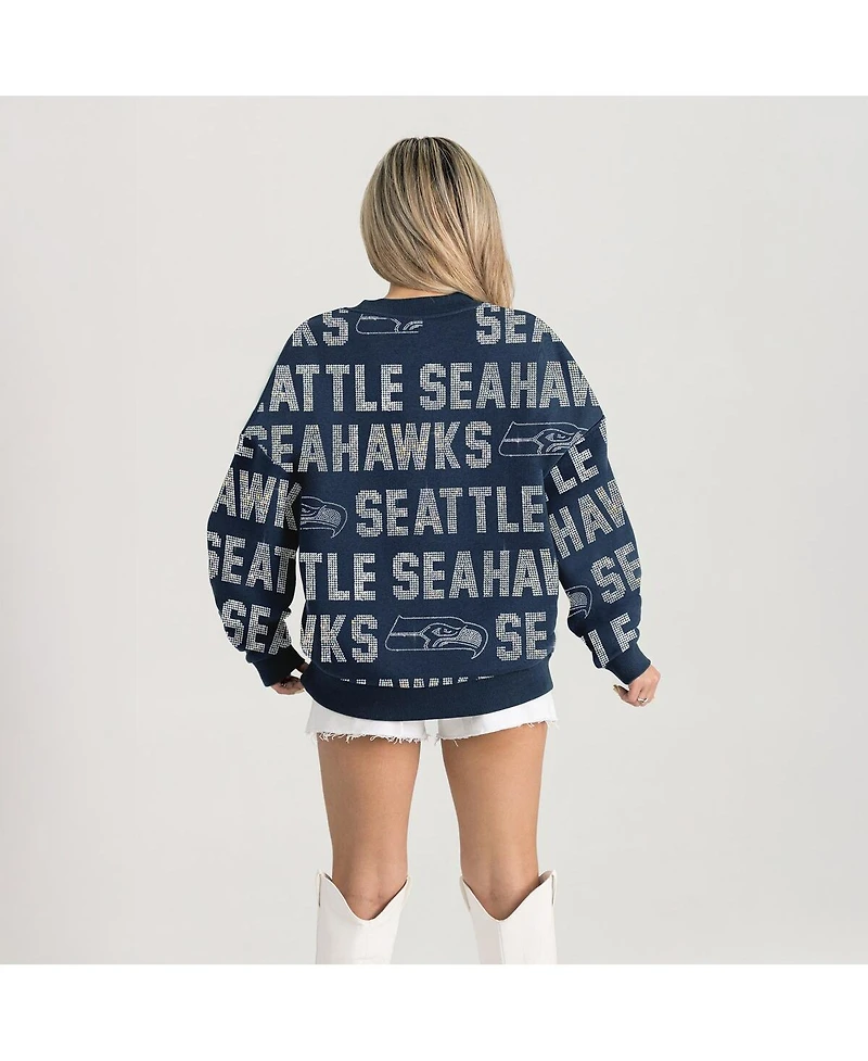 Gameday Couture Women's College Navy Seattle Seahawks Relaxed Drop Shoulder Hype Era Rhinestone Text Sweatshirt