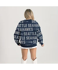 Gameday Couture Women's College Navy Seattle Seahawks Relaxed Drop Shoulder Hype Era Rhinestone Text Sweatshirt