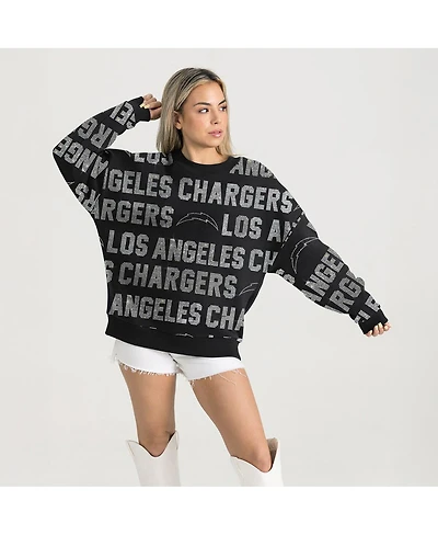 Gameday Couture Women's Black Los Angeles Chargers Relaxed Drop Shoulder Hype Era Rhinestone Text Sweatshirt