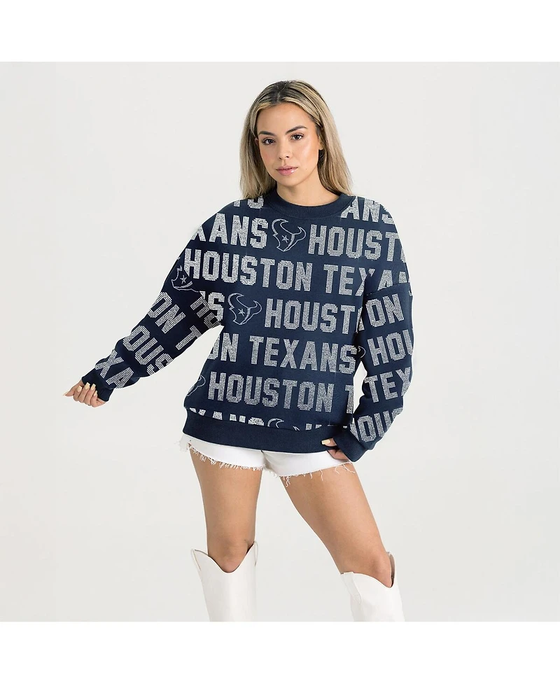 Gameday Couture Women's Navy Houston Texans Relaxed Drop Shoulder Hype Era Rhinestone Text Sweatshirt
