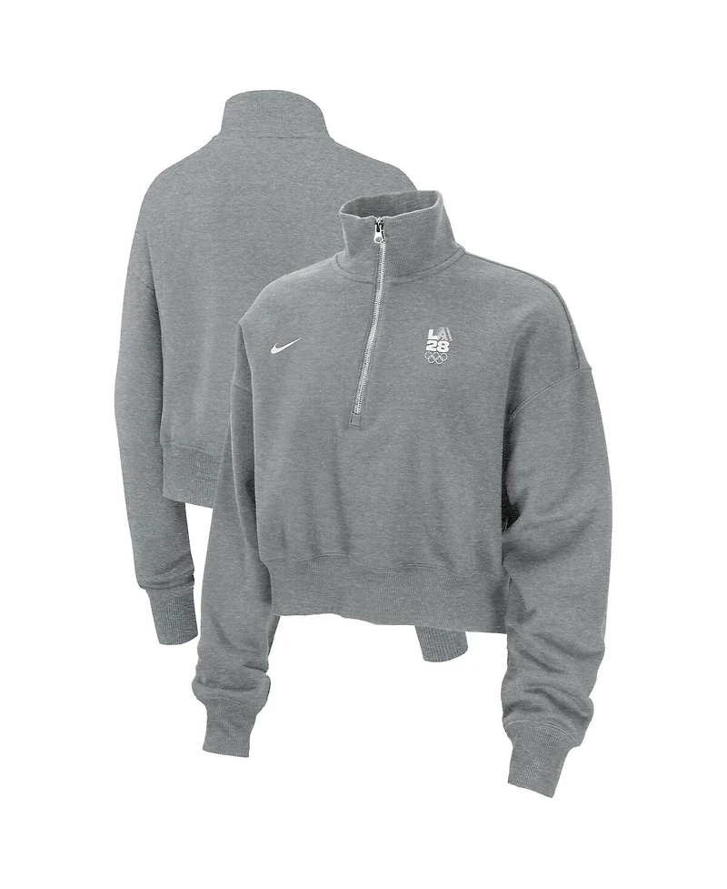 Nike Women's Heather Gray LA28 Summer Olympics Phoenix Oversized Fleece Half-Zip Cropped Sweatshirt