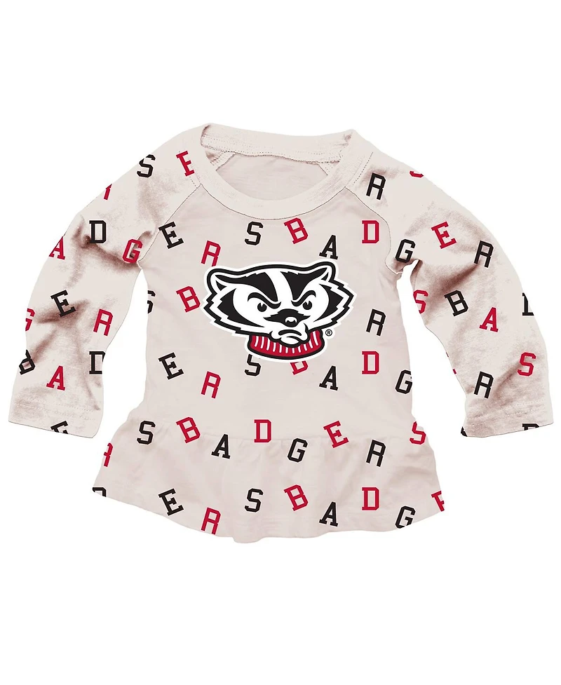 Wes & Willy Girls Toddler 2-Piece Oatmeal Wisconsin Badgers Ruffle Raglan Long Sleeve T-Shirt and Leggings Set