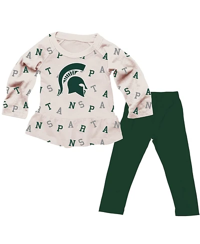 Wes & Willy Baby Girls Oatmeal Michigan State Spartans Ruffle Raglan Long Sleeve T-Shirt and Leggings Set