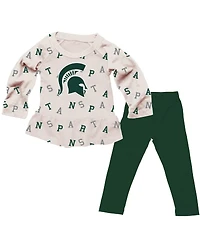 Wes & Willy Baby Girls Oatmeal Michigan State Spartans Ruffle Raglan Long Sleeve T-Shirt and Leggings Set