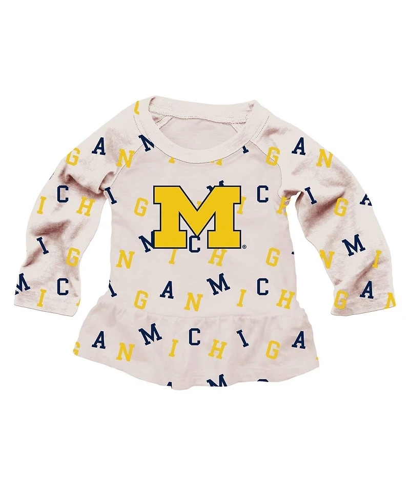 Wes & Willy Girls Toddler 2-Piece Oatmeal Michigan Wolverines Ruffle Raglan Long Sleeve T-Shirt and Leggings Set