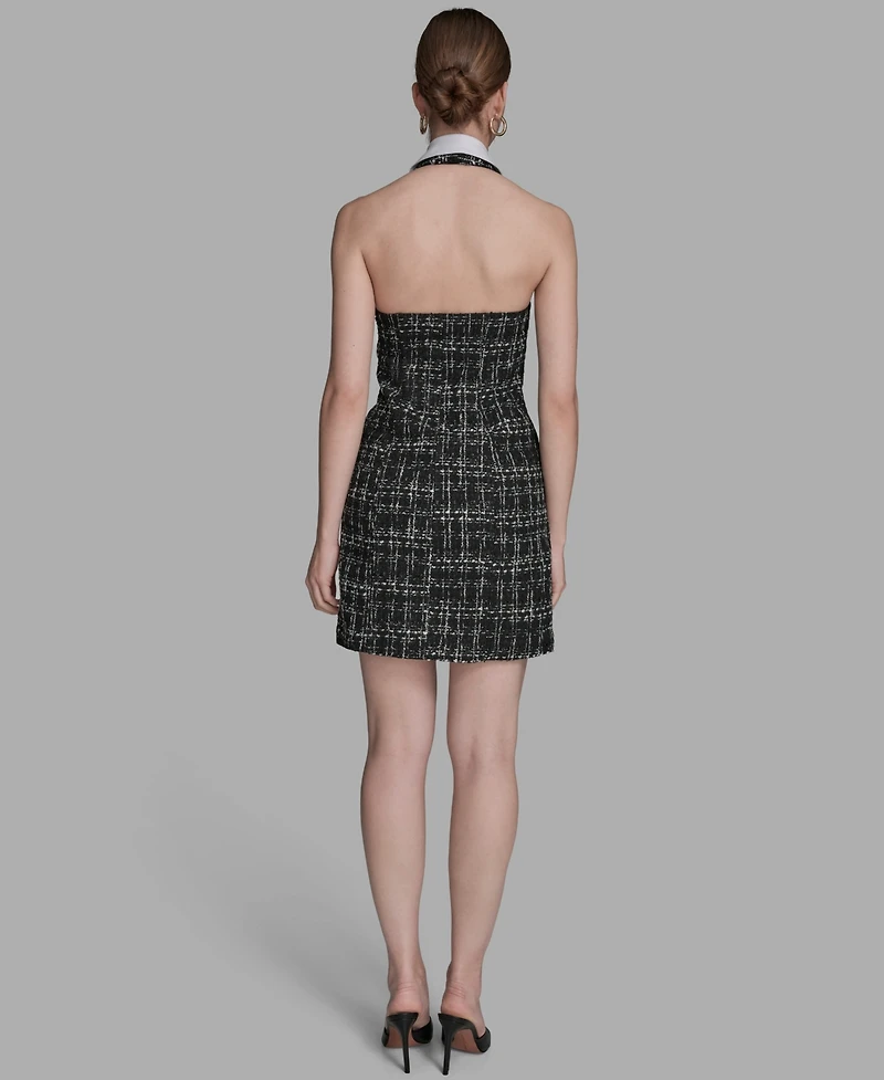 Bcbg Women's Plaid Boucle Twofer Halter Neck Dress