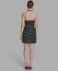 Bcbg Women's Plaid Boucle Twofer Halter Neck Dress