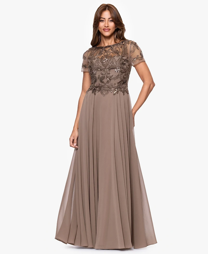 Xscape Petite Long Bead Mesh Crew Neck Dress