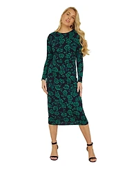Yumi Women's Floral Fitted Mesh Midi Dress