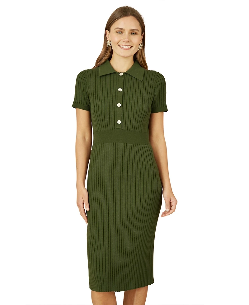 Yumi Women's Fitted Rib Knitted Midi Dress
