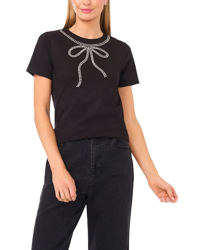 CeCe Women's Flowy Bow Gem Trim T-Shirt