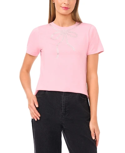 CeCe Women's Flowy Bow Gem Trim T-Shirt