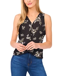 CeCe Women's Floral Shirred Button Down Sleeveless Top