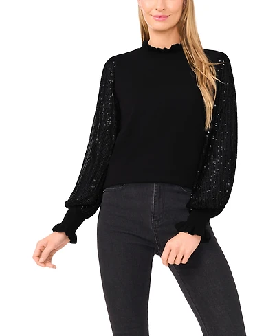 CeCe Women's Ruffle Trim Sequin Long Sleeves Sweater