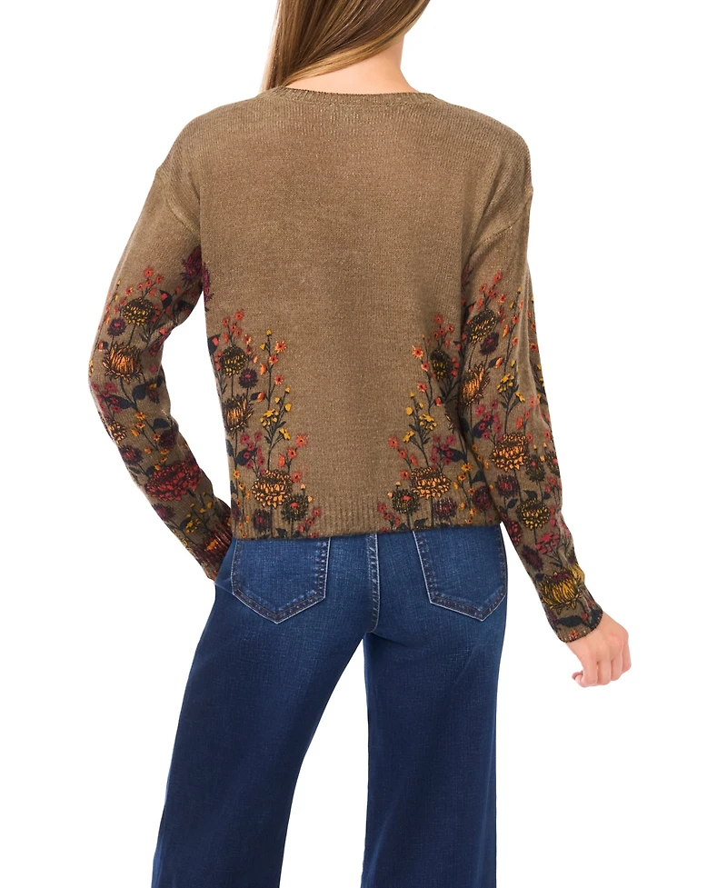 CeCe Women's Floral Print Crewneck Sweater