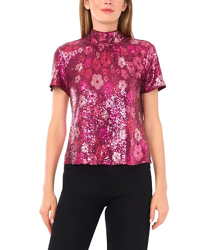 CeCe Women's Short Sleeves Mock Neck Sequin Top