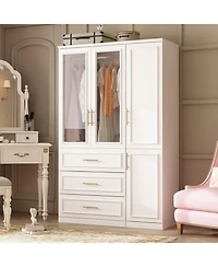 Glass Door Armoire with 3-Drawers , Bedroom Closet with Hanging Rods, Shelves ,Wardrobe
