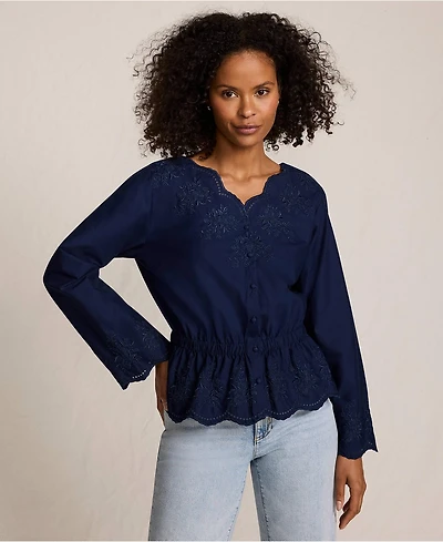 Lands' End Women's Embroidered Poplin Long Sleeve Blouse