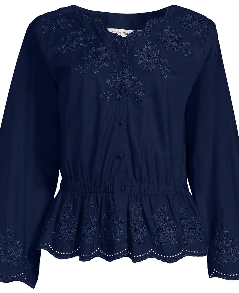 Lands' End Women's Embroidered Poplin Long Sleeve Blouse