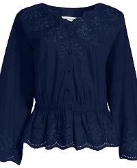 Lands' End Women's Embroidered Poplin Long Sleeve Blouse
