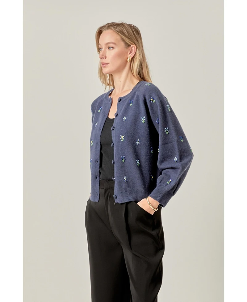 English Factory Women's Beads Floral Round Neck Cardigan