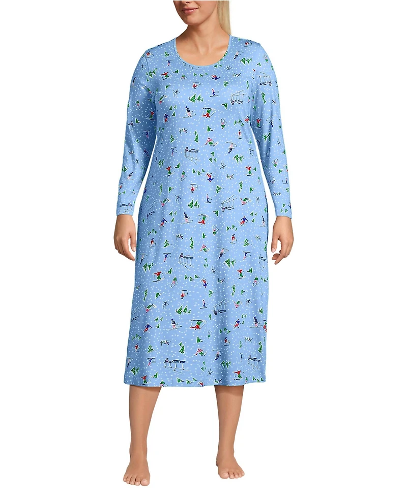 Lands' End Plus Cotton Long Sleeve Midcalf Nightgown