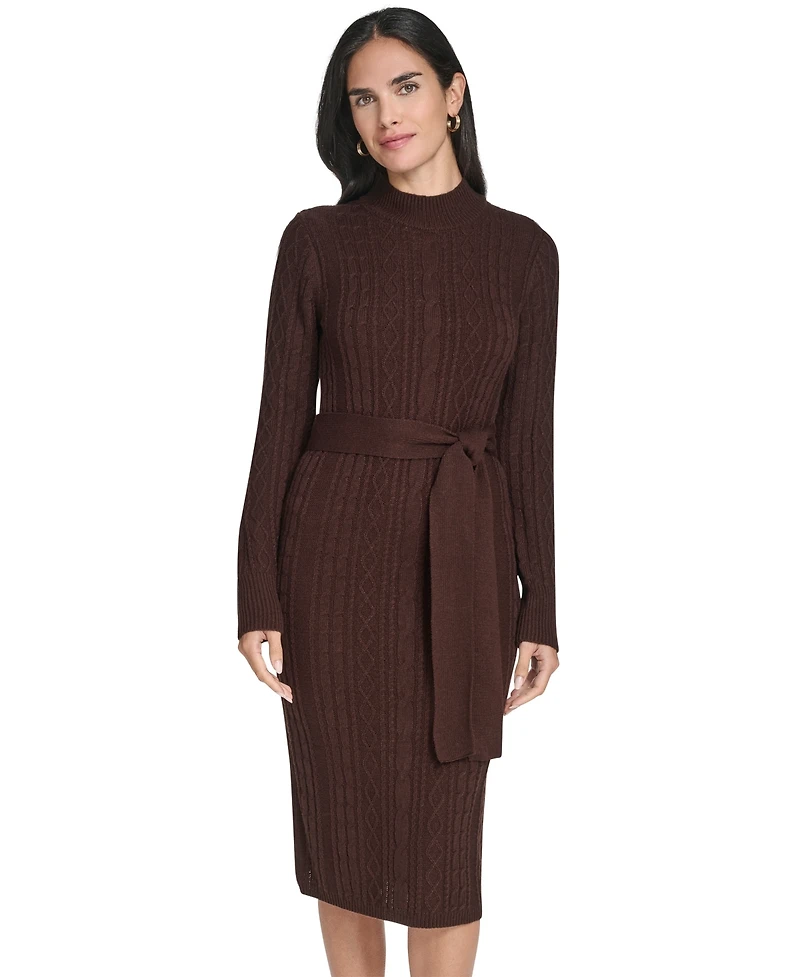 Jessica Howard Women's Long Sleeve Mock Neck Belted Midi Sweater Dress