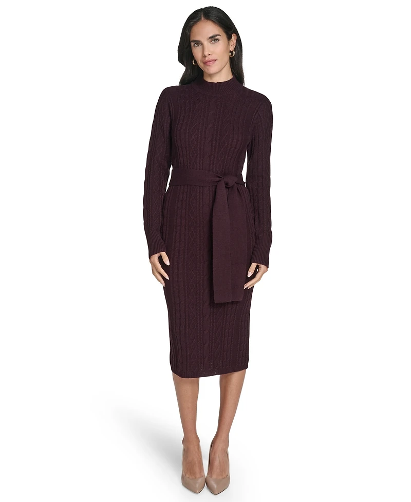 Jessica Howard Women's Long Sleeve Mock Neck Belted Midi Sweater Dress