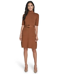 Jessica Howard Women's Turtle Neck Elbow Sleeve Belted Dress
