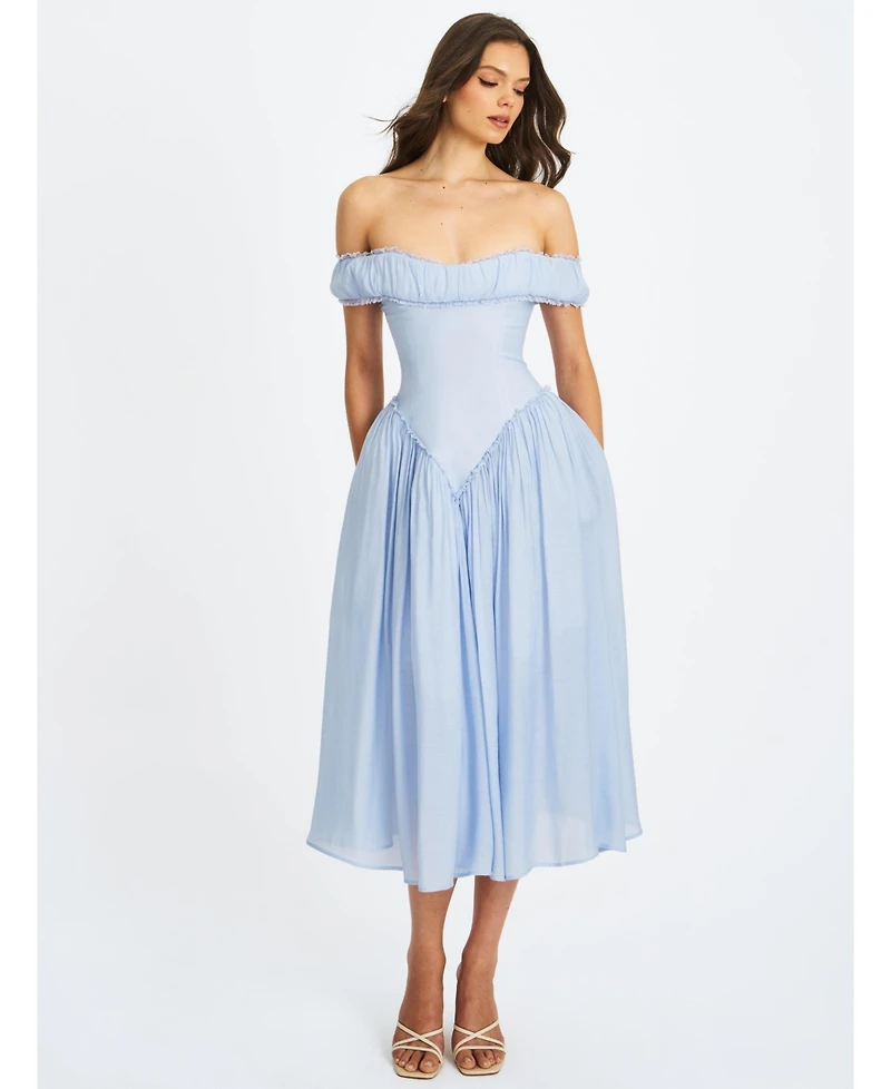 Miss Circle Women's Xavy Baby Blue Off Shoulder Corset Midi Dress