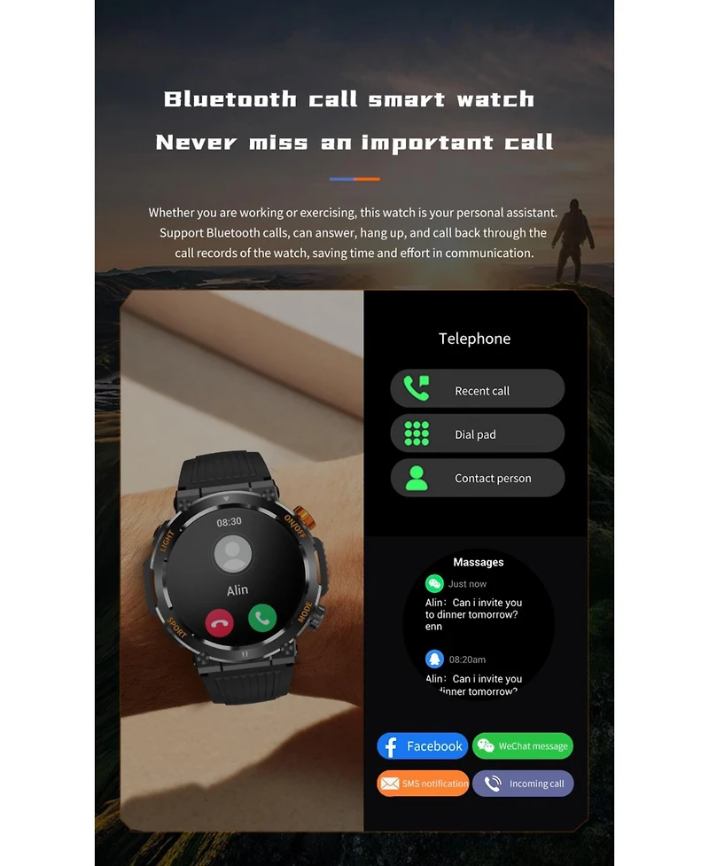 Ruxing Smart Outdoor Sports Smart watch with Compass Emergency Light Ips Hd Large Round Screen -Orange