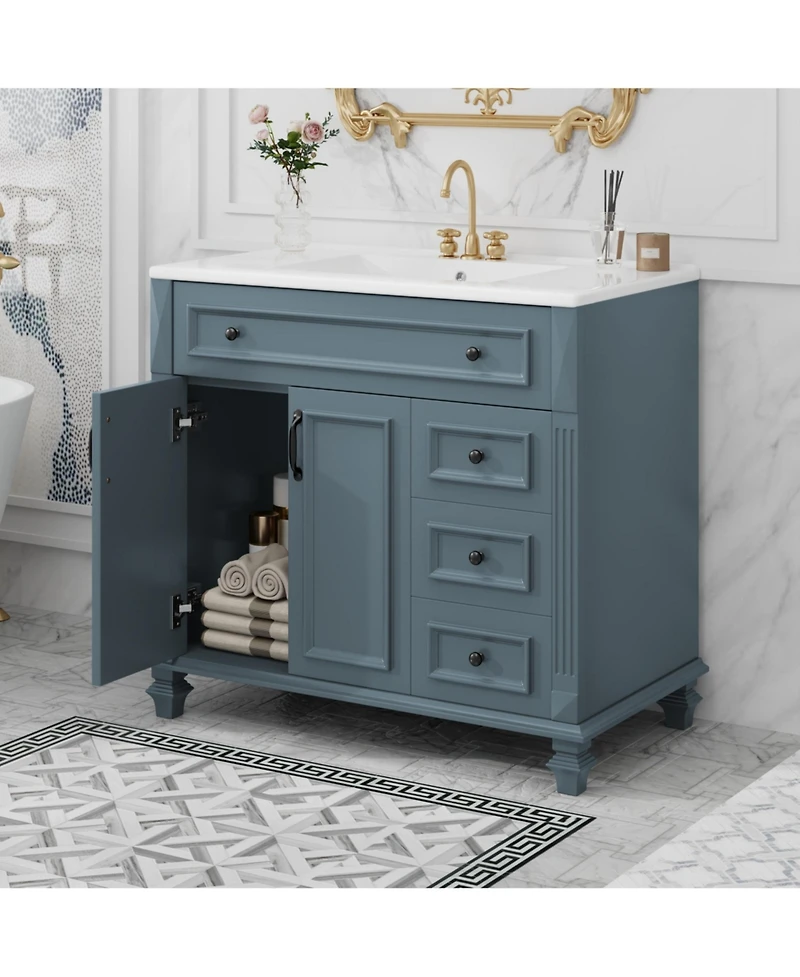 Casainc 36" Bathroom Vanity with Sink, Cabinet Flip-Out Drawer, 3 Drawers, 2 Soft-Close Doors, Solid Wood and Mdf, Premium Hardware
