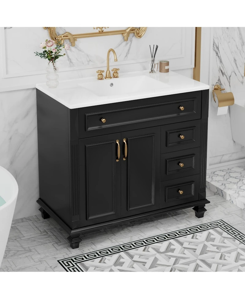 Casainc 36" Bathroom Vanity with Sink, Cabinet Flip-Out Drawer, 3 Drawers, 2 Soft-Close Doors, Solid Wood and Mdf, Premium Hardware