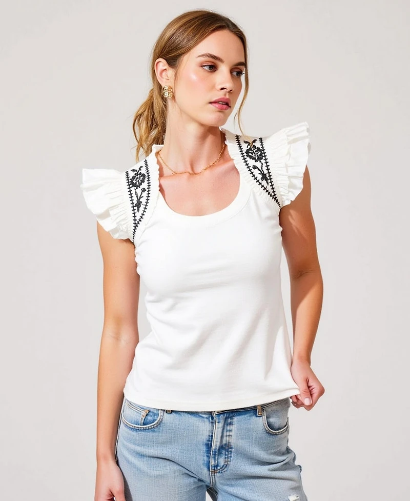 Modenaire Women's Ruffled Cap Sleeve Embroidered Knit Top