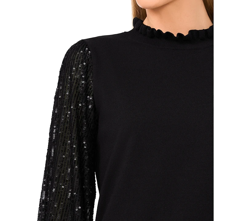 CeCe Women's Ruffle Trim Sequin Long Sleeves Sweater