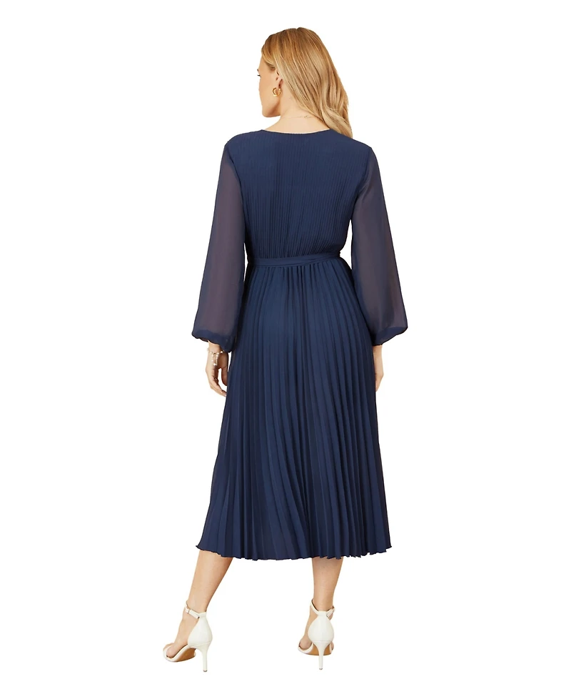 Yumi Women's Long Sleeved Pleated Midi Wrap Dress