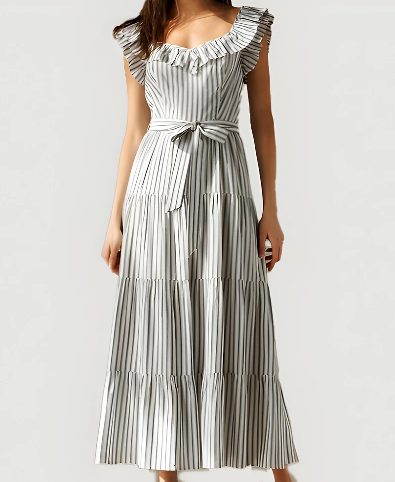 Modenaire Women's Striped Tiered Ruffle-Sleeve Midi Dress