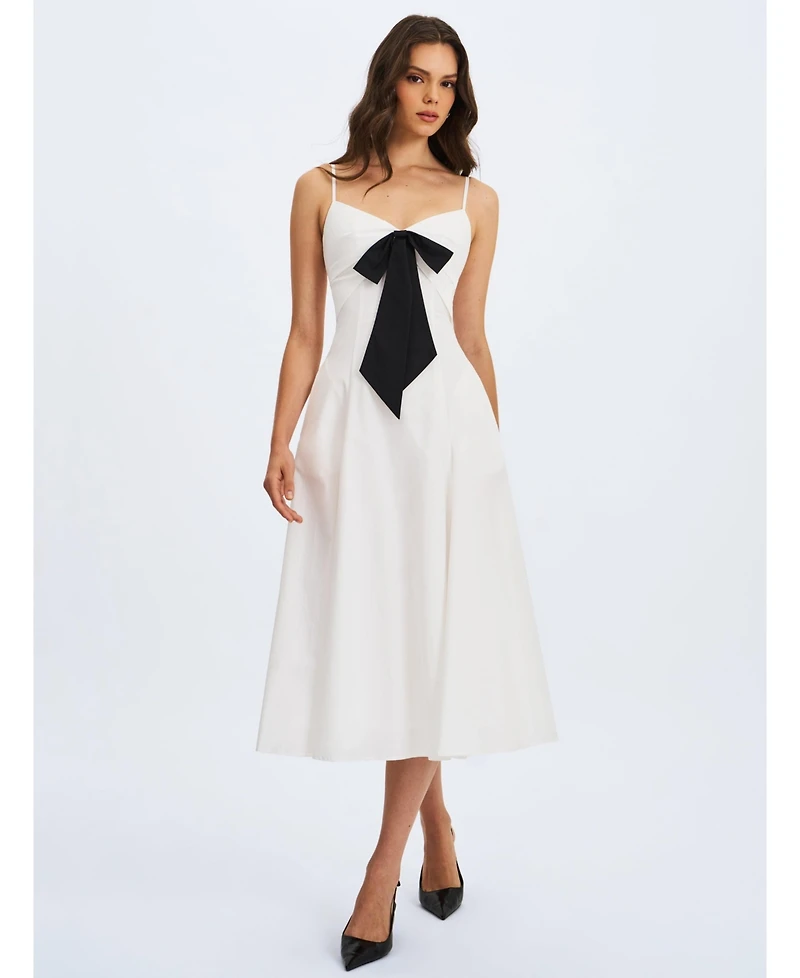 Miss Circle Women's Corinne White Poplin Flared Maxi Dress with Removable Bow