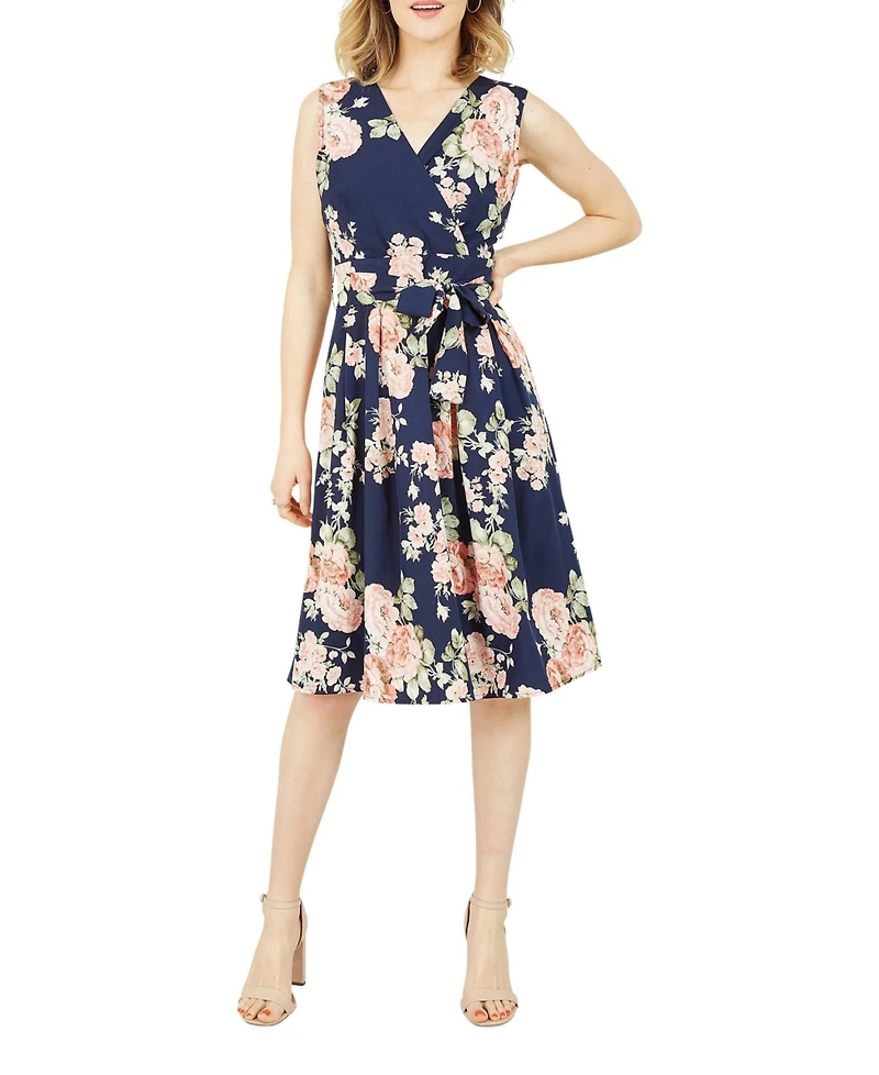 Yumi Women's Floral Rose Wrap Over Sleeveless Dress