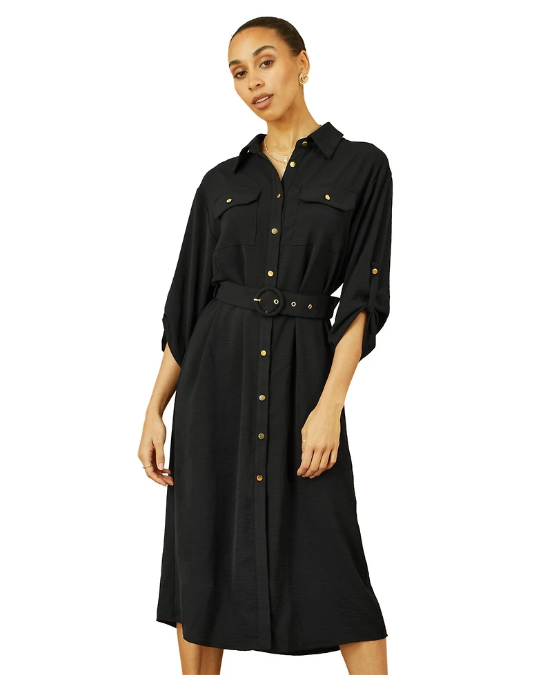 Yumi Women's 3/4 Sleeve Belted Midi Shirt Dress