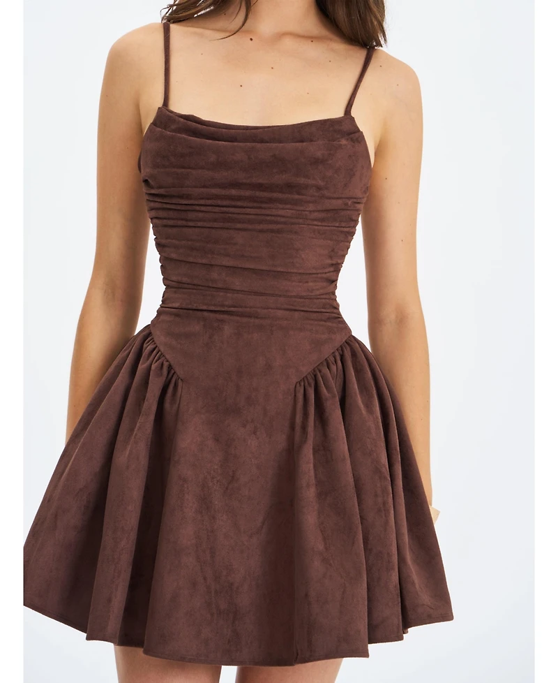 Miss Circle Women Raisa Mahogany Suede Ruched Mini Dress