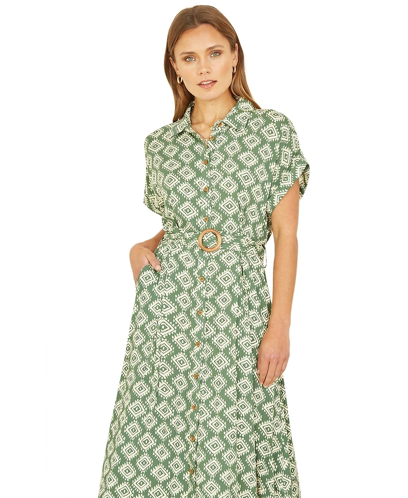 Yumi Women's Midi Shirt Dress With Matching Belt