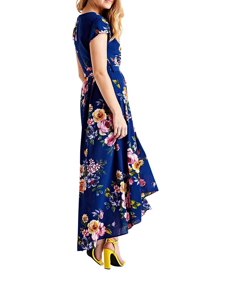Yumi Women's Floral Print Dipped Hem Wrap Midi Dress