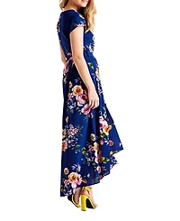 Yumi Women's Floral Print Dipped Hem Wrap Midi Dress