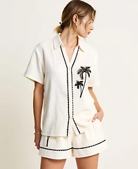 Modenaire Women's Embroidered Button-Down Shirt and Short Set