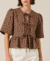 Modenaire Women's Leopard-Print Front-Tie Puff-Sleeve Peplum Top