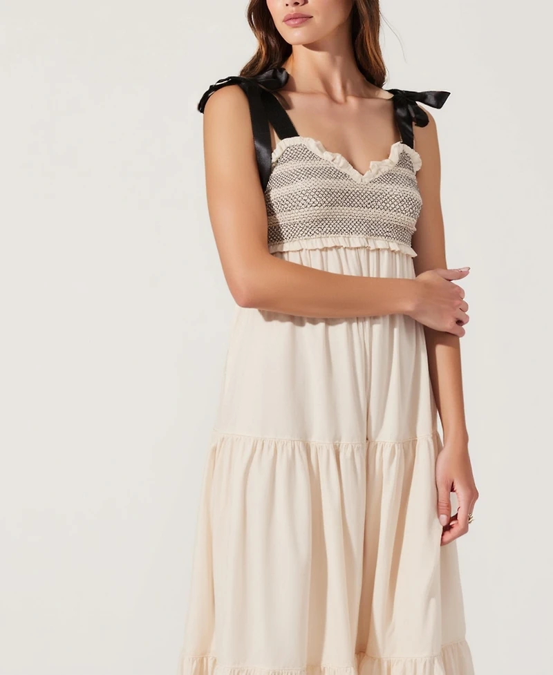 Modenaire Women's Smocked Lace-Trim Maxi Dress with Satin Bow-Tie Straps