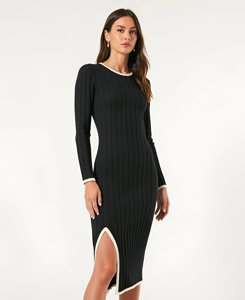 Modenaire Women's Ribbed Knit Long Sleeve Contrast Trim Midi Dress