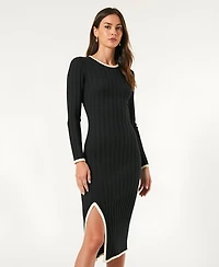 Modenaire Women's Ribbed Knit Long Sleeve Contrast Trim Midi Dress