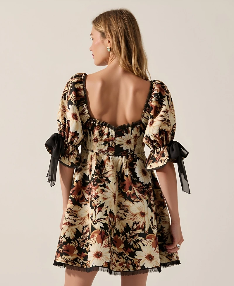 Modenaire Women's Jacquard Floral Puff-Sleeve Chiffon-Trim Mini Dress